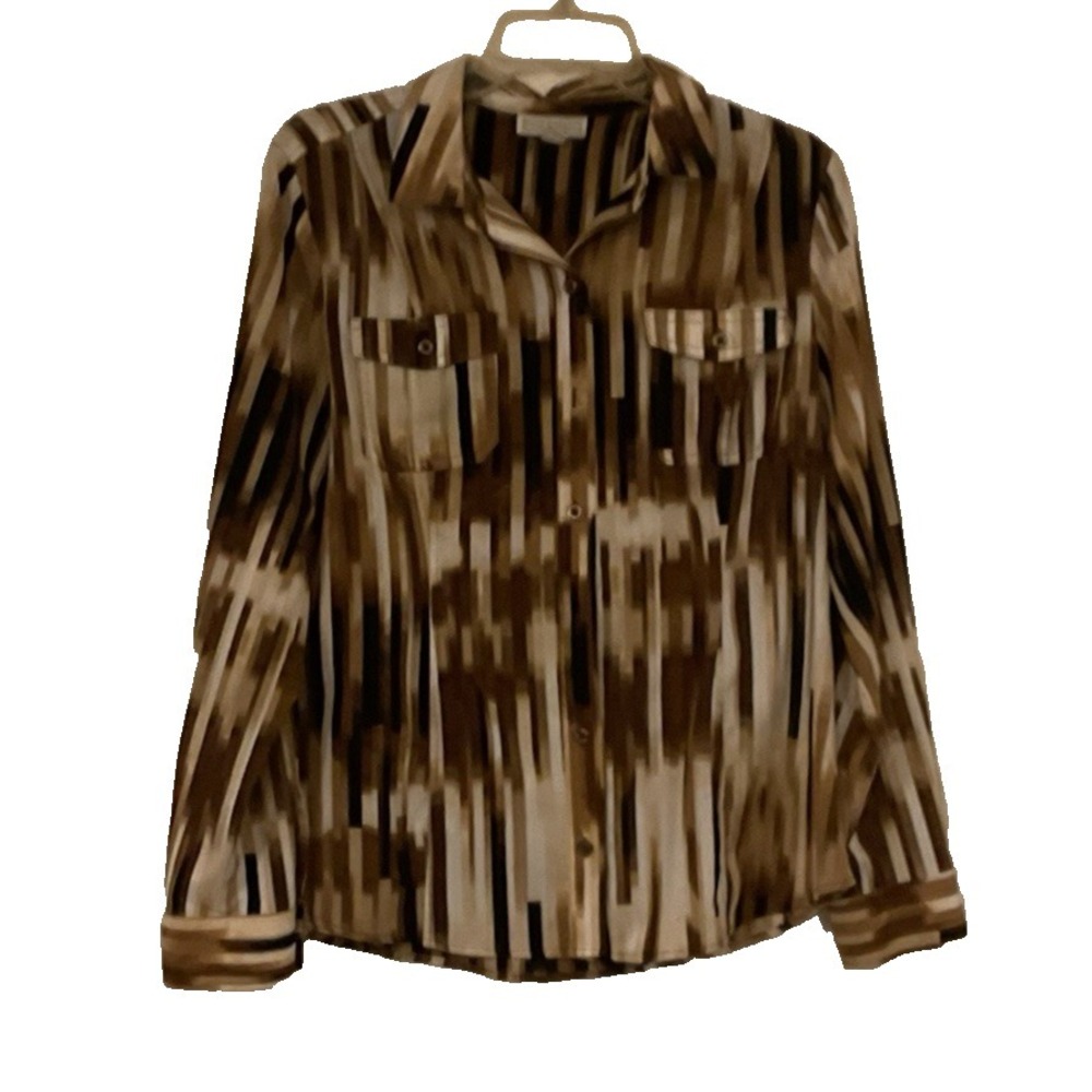 DANA BUCHMAN Blouse Shirt Button Front SZ L Brown Tan Long Sleeve Career Casual